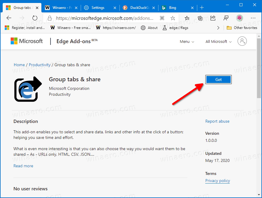Microsoft Tab Group And Share Extension Page