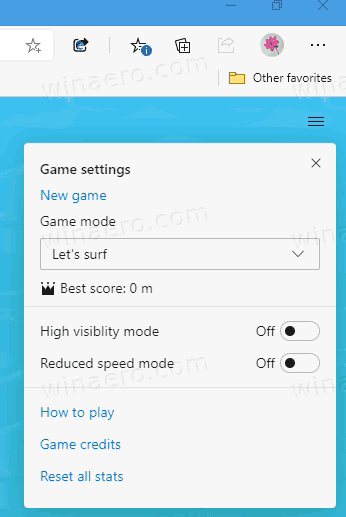 Surf Game Menu In Microsoft Edge