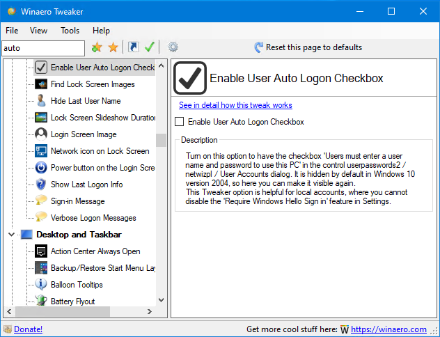 Tweaker Enable Auto Logon Checkbox