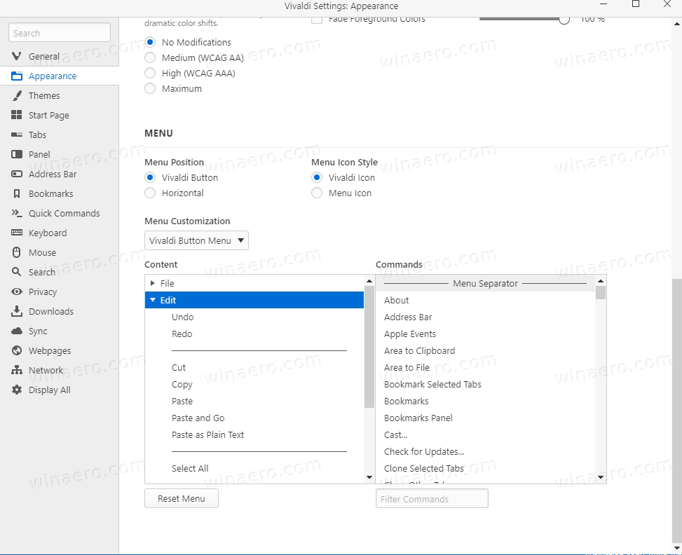 Vivaldi Customize Menus