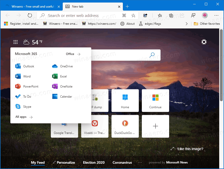 Microsoft ads links to Office web apps to Edge New Tab page