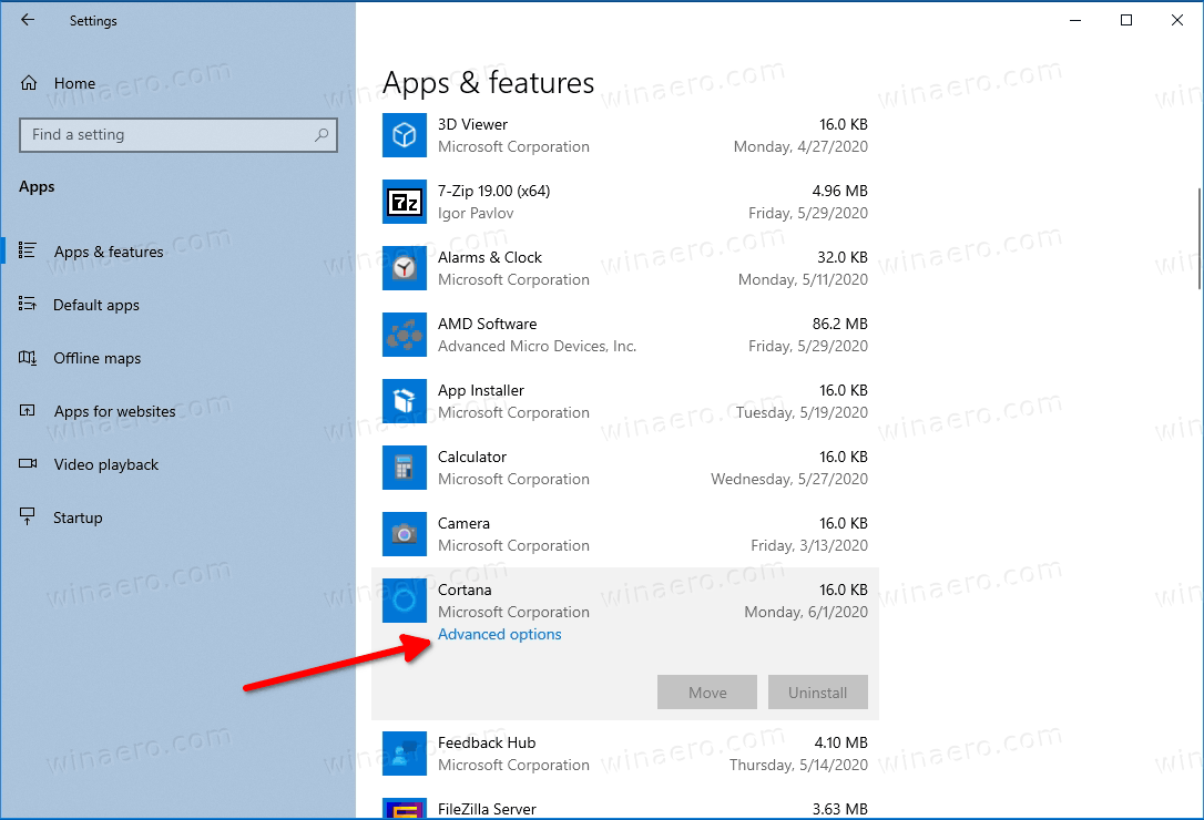 Prevent Cortana From Starting In Apps And Features 1