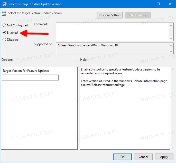 Выберите версию обновления целевой функции в Windows 10