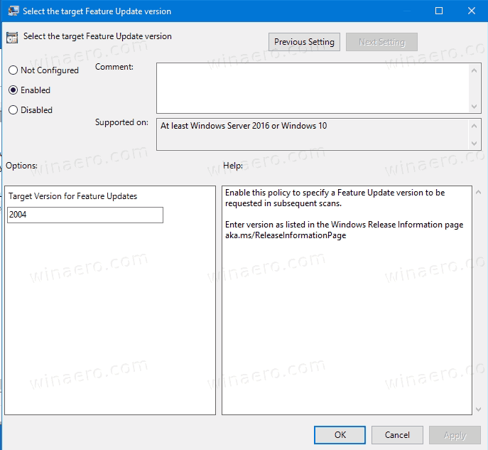 Set Target Feature Update Version In Windows 10