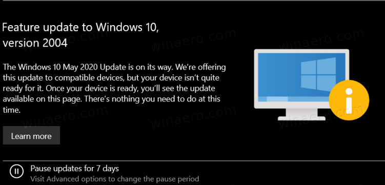 Windows 10 Version 2004 Quite Not Ready Message