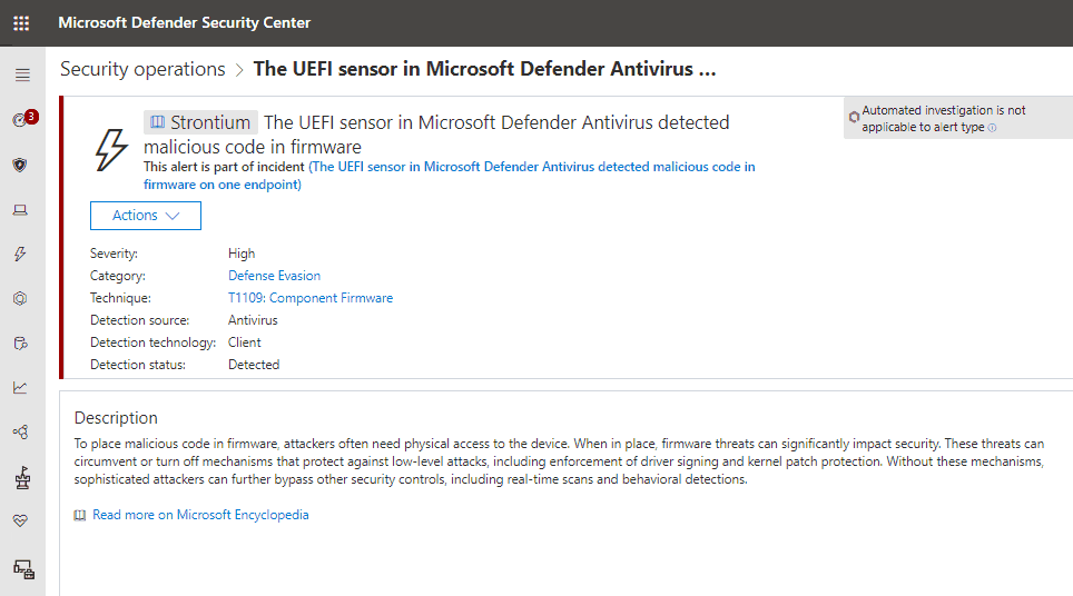 Fig2 Microsoft Defender ATP Alert For Detecing Malicious Code In Firmware