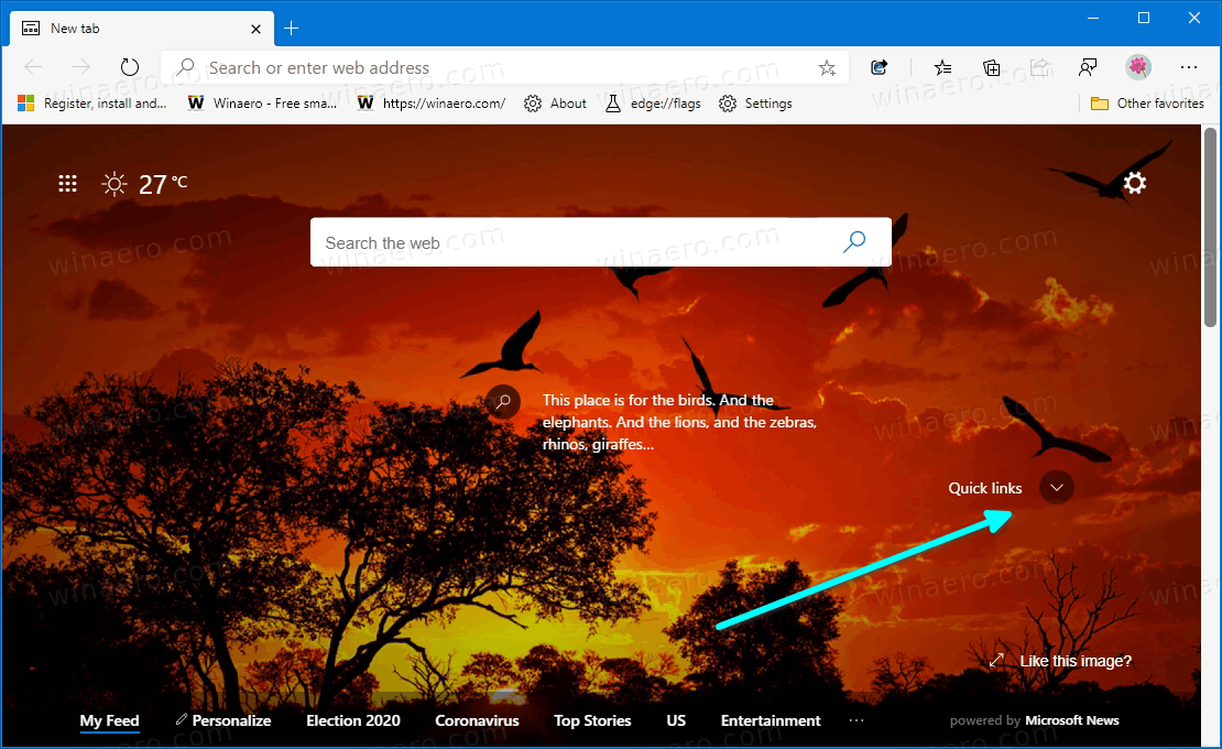 Свернуть быстрые ссылки в Microsoft Edge