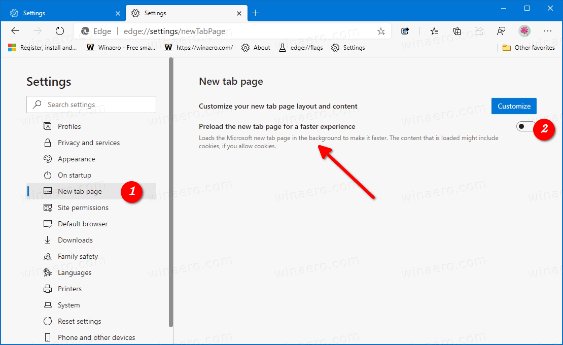 Disable Preload New Tab Page In Microsoft Edge