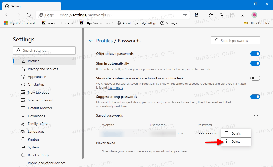 Edge Delete Saved Passwords