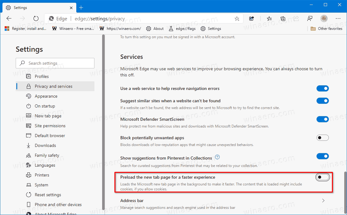 Edge Disable Preload New Tab Page