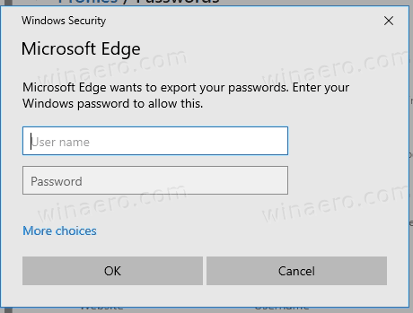 Edge Export Saved Passwords Подсказка безопасности Windows