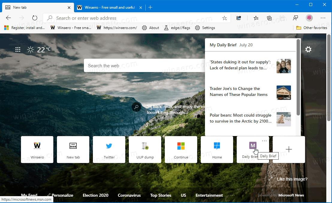 Edge New Tab Page Quick Link Update Preview