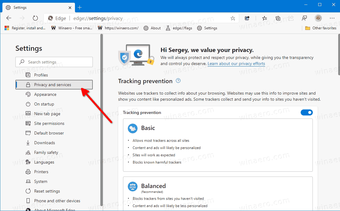 Edge Settings Privacy