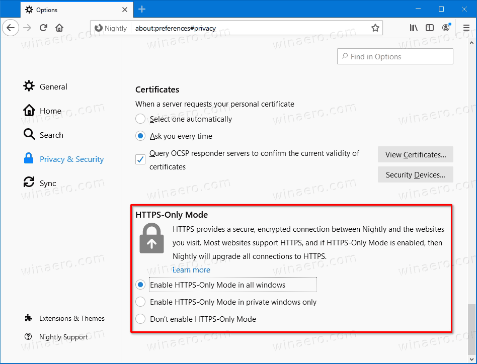 Firefox HTTPS Only Options