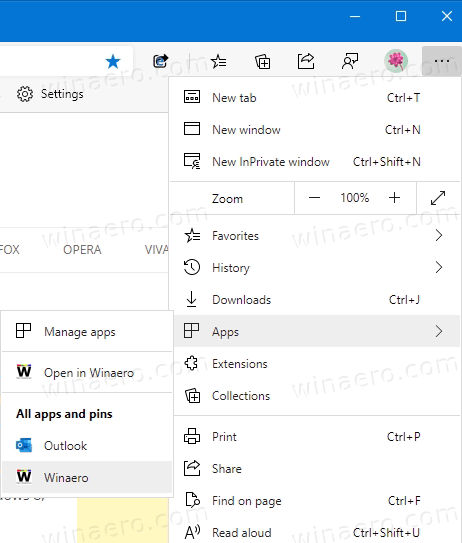 Microsoft Edge Menu Apps And Pins