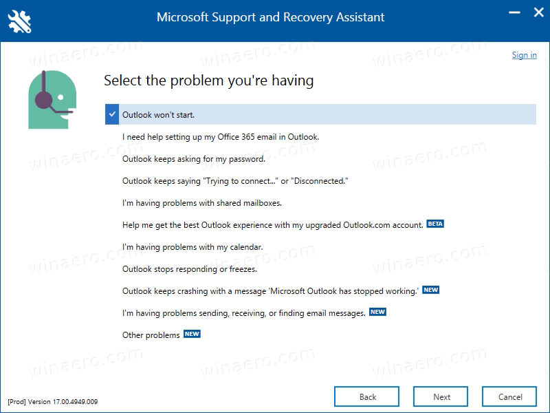 Select App Issue In Support And Recovery Assistant (SaRA)