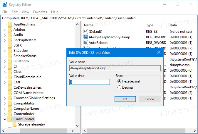 Windows 10 отключить автоматическое удаление дампов памяти в реестре