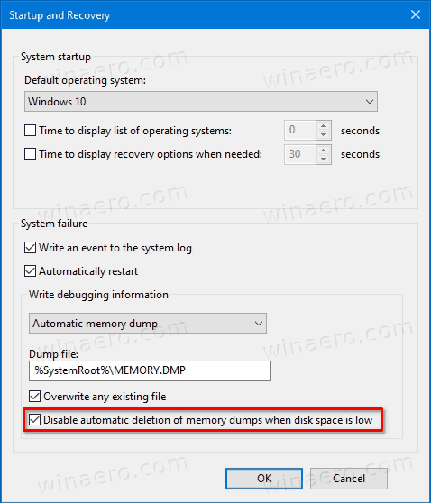 Windows 10 отключает автоматическое удаление дампов памяти при нехватке места на диске