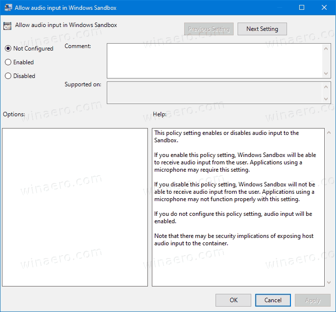 Политика звукового ввода в песочнице Windows 10