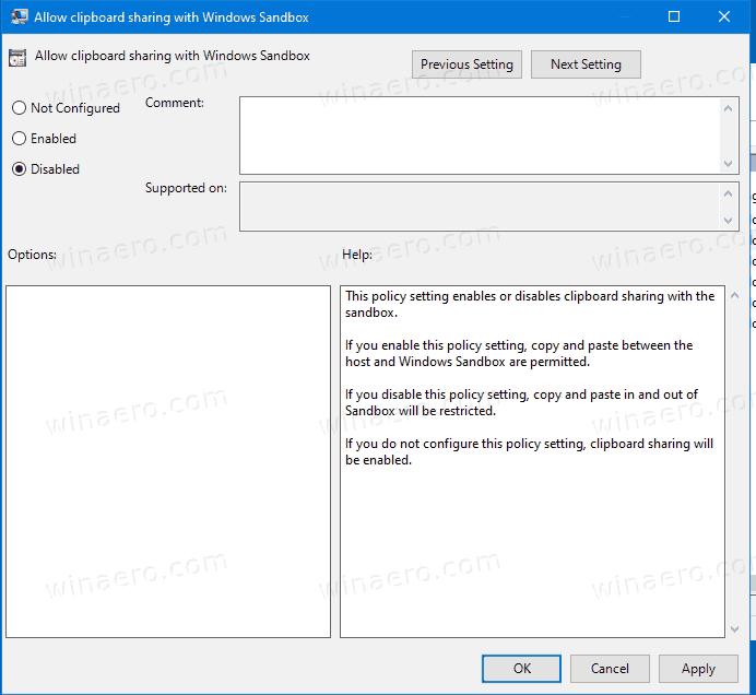 Групповая политика общего доступа к буферу обмена песочницы Windows 10