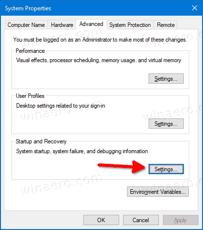 Windows 10 System Properties Advanced Settings Button Startup And Recovery