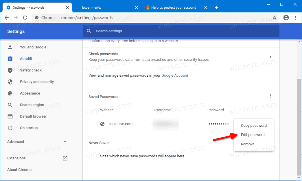 How do I edit saved passwords in Chrome?
