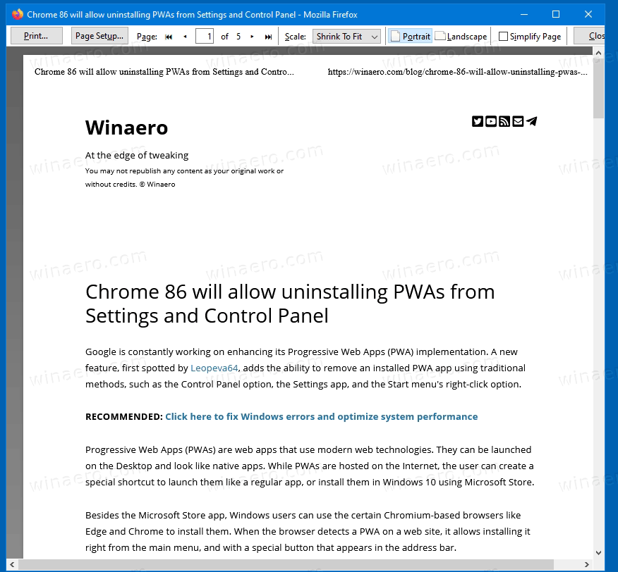 Firefox classic Print Preview page
