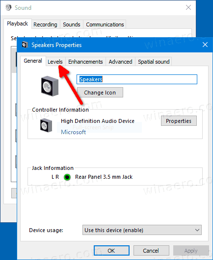 Windows 10 Classic Sound Device Properties Levels Tab