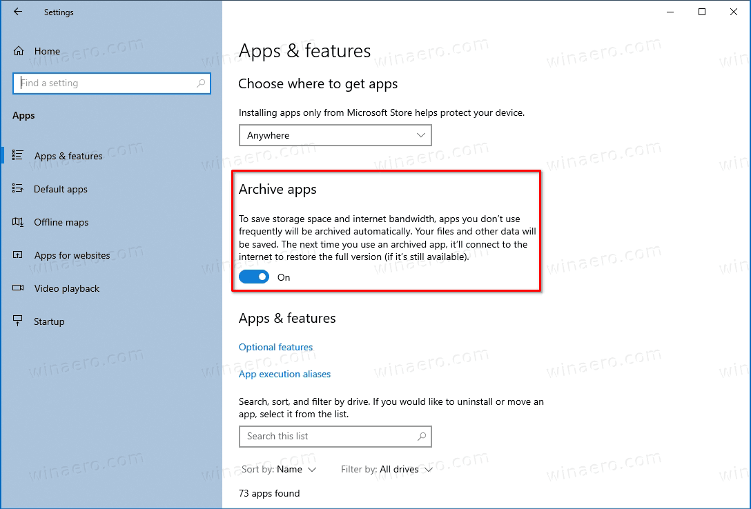 Windows 10 Enable Disable Archive Apps