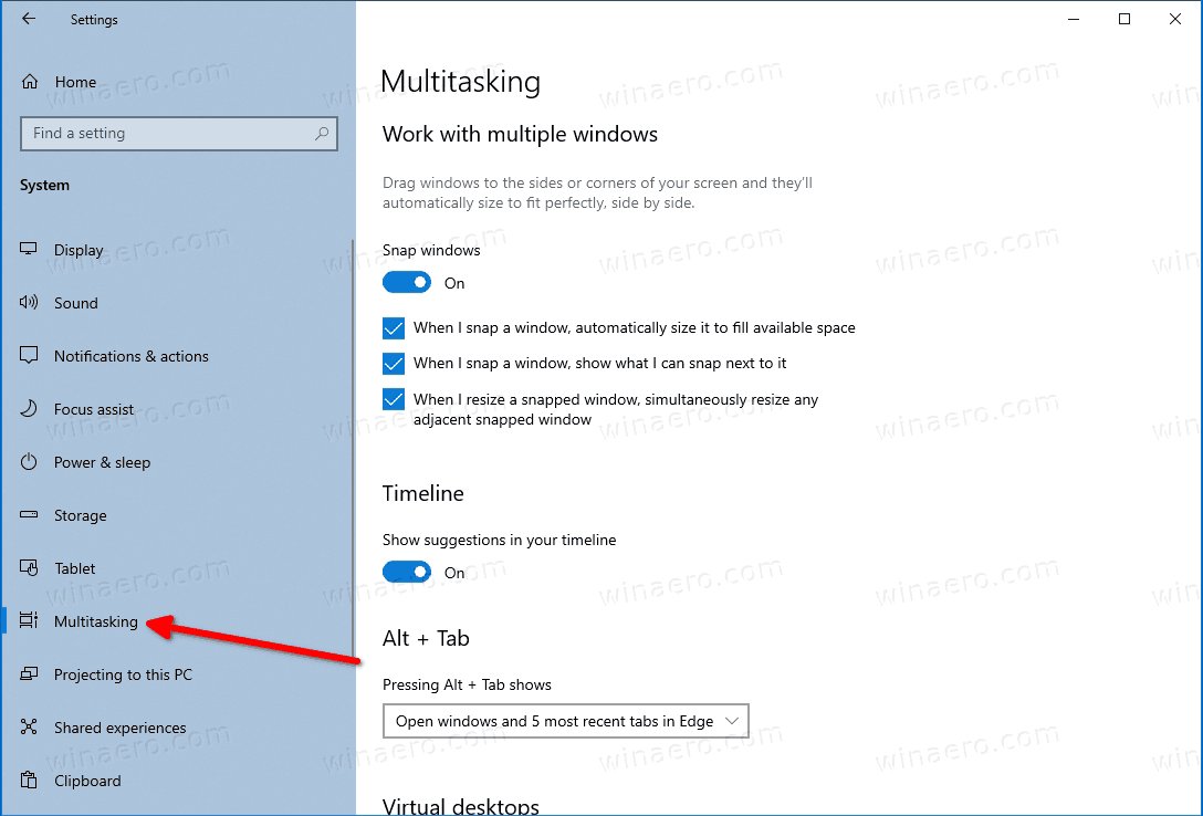 Настройки Windows 10 Многозадачность системы слева