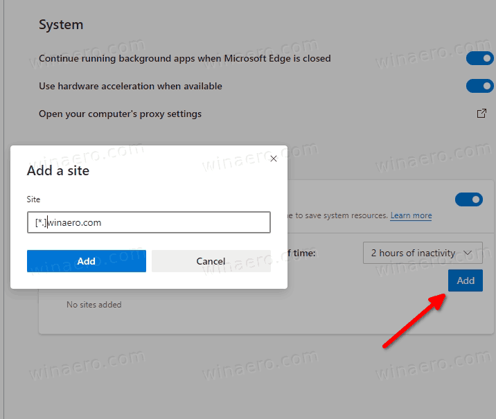 Add Sleeping Tabs Exclusion In Microsoft Edge Settings