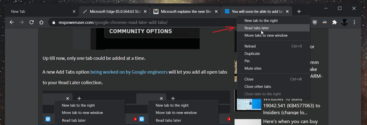 Chrome Read Later Tab Context Menu