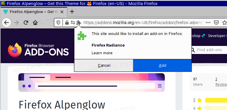 Firefox Install AlpenGlow Theme Radiance Confirmation