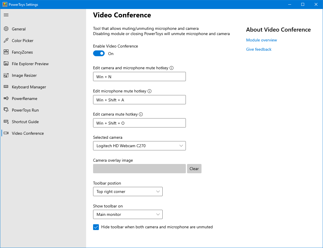 PowerToys Video Conference Mute Tool Settings