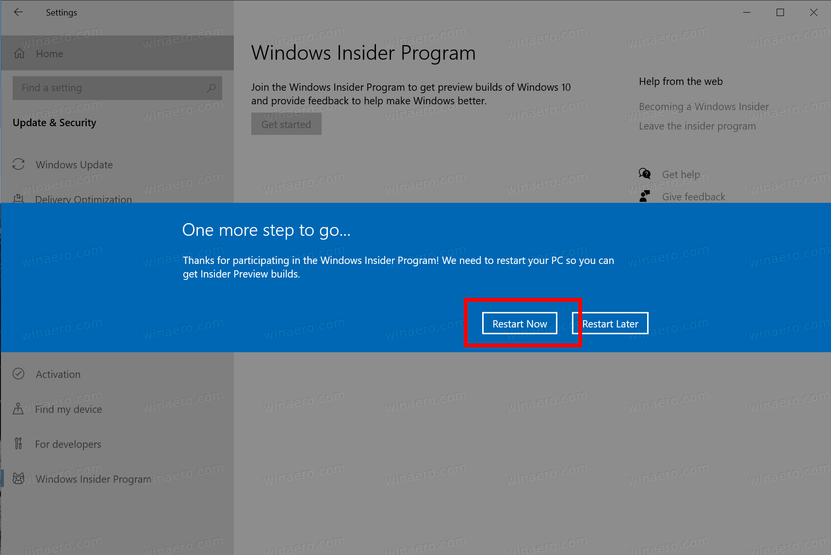 Windows 10 Изменить перезапуск канала предварительной оценки