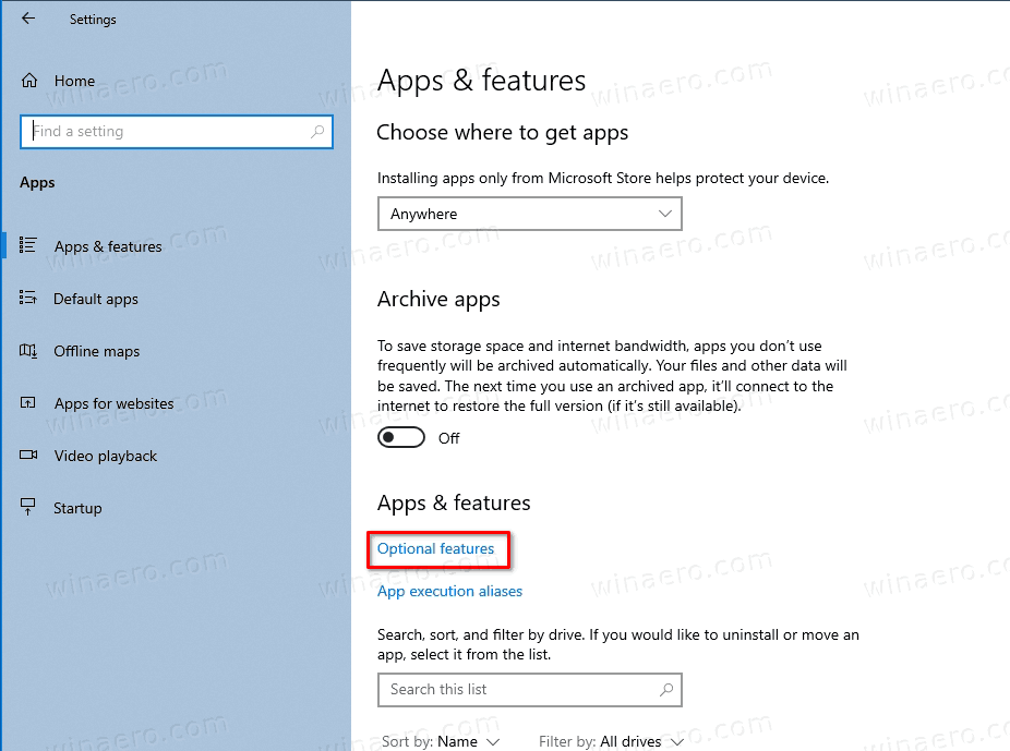 Windows 10 Optional Feature Link