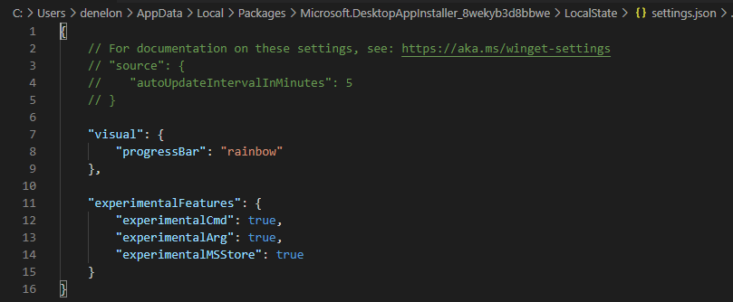 Winget Configuraton Experimental Feature Settings