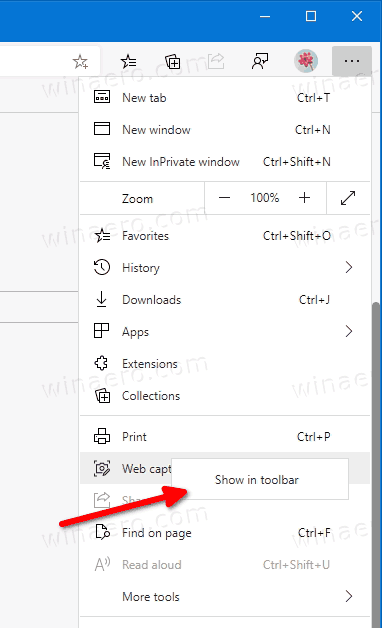 Add Web Capture Toolbar Button From Menu