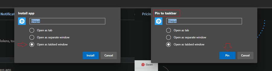 Диалоговое окно вкладок Edge Desktop PWA с тремя вариантами
