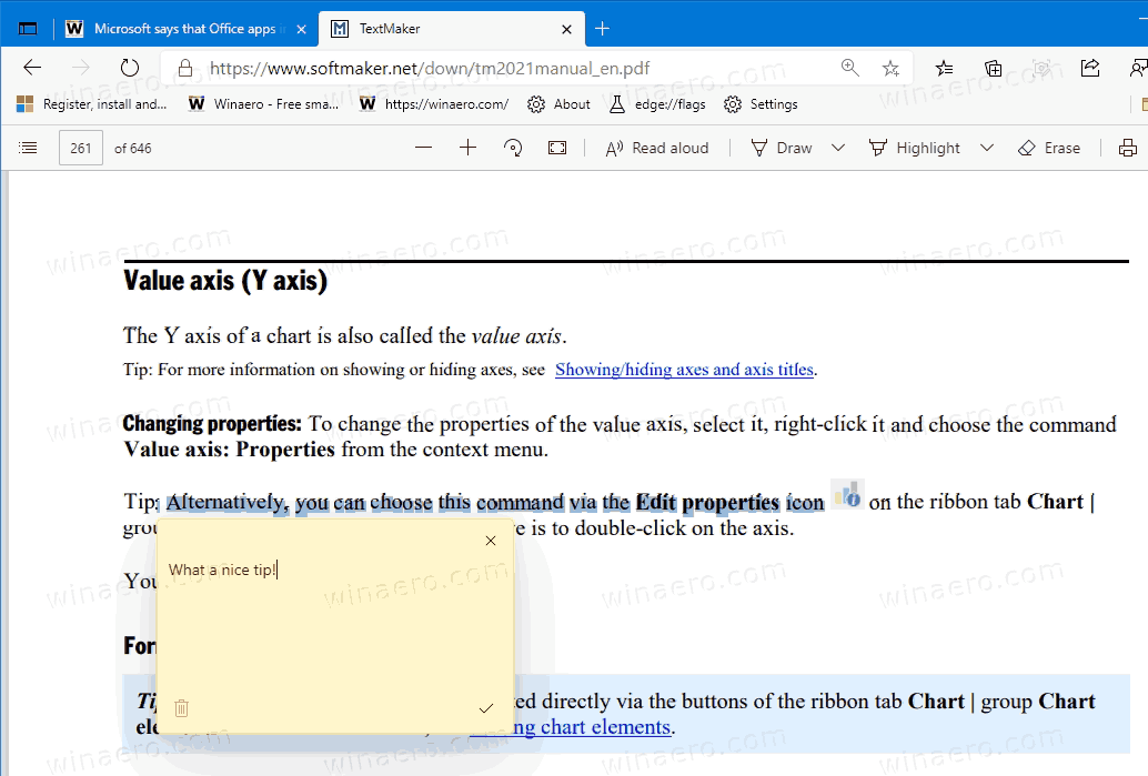 Edge Enter Comment Text For PDF Selection