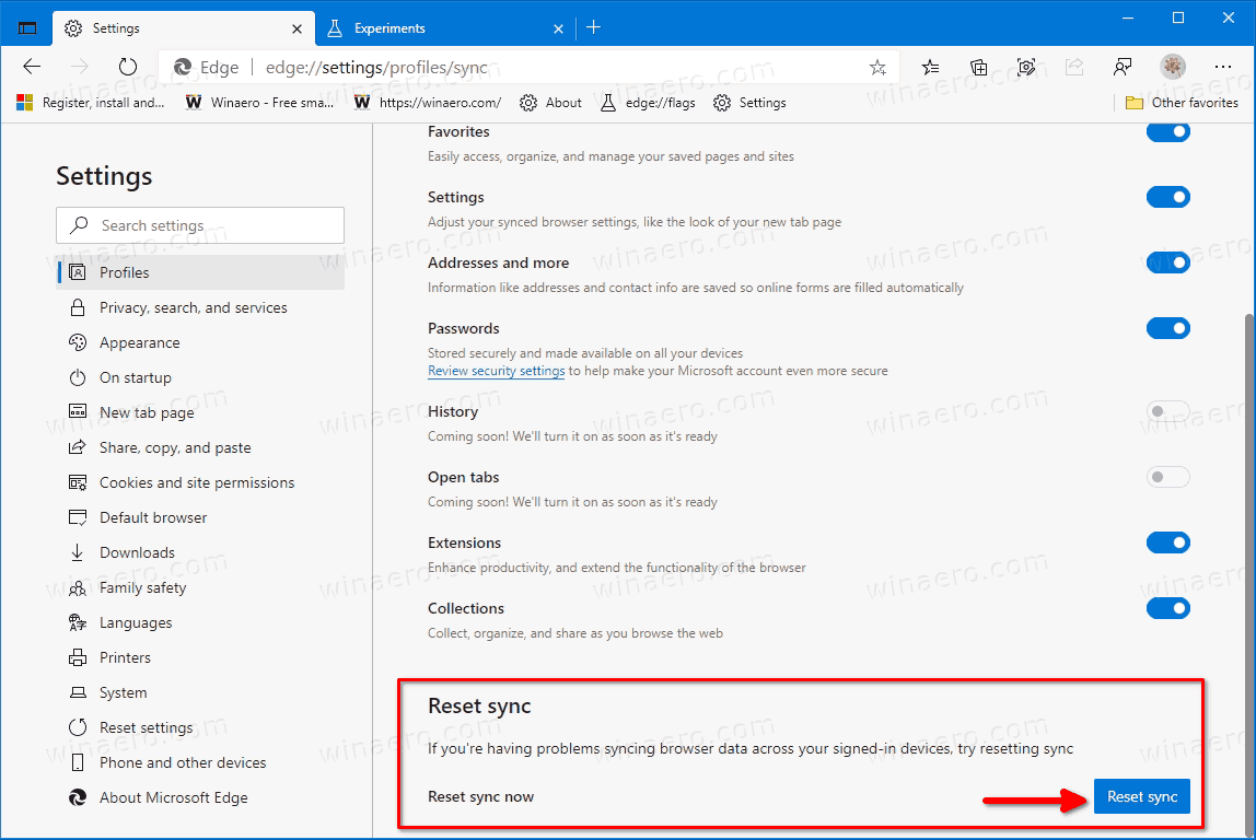 Reset Sync in Microsoft Edge and Delete Sync Data