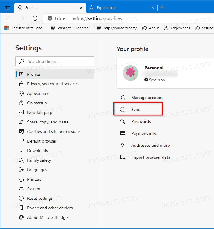 Edge Settings Profiles Sync Link