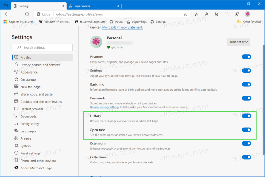 Microsoft Edge Sync Tabs And History