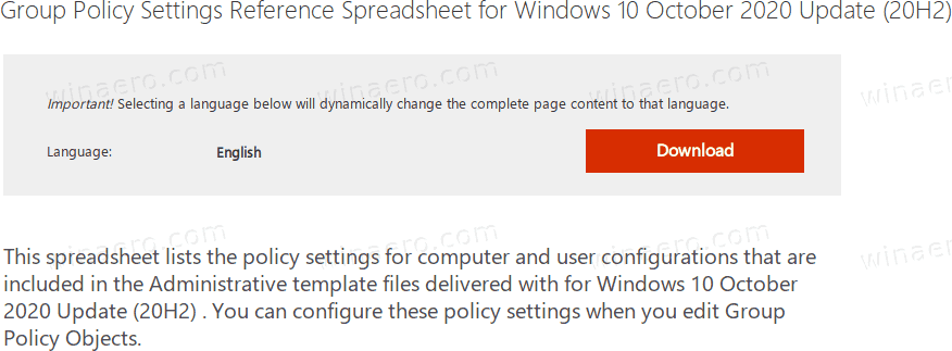 Policy Settings Reference Spreadsheet For Windows 10 October 2020 Update