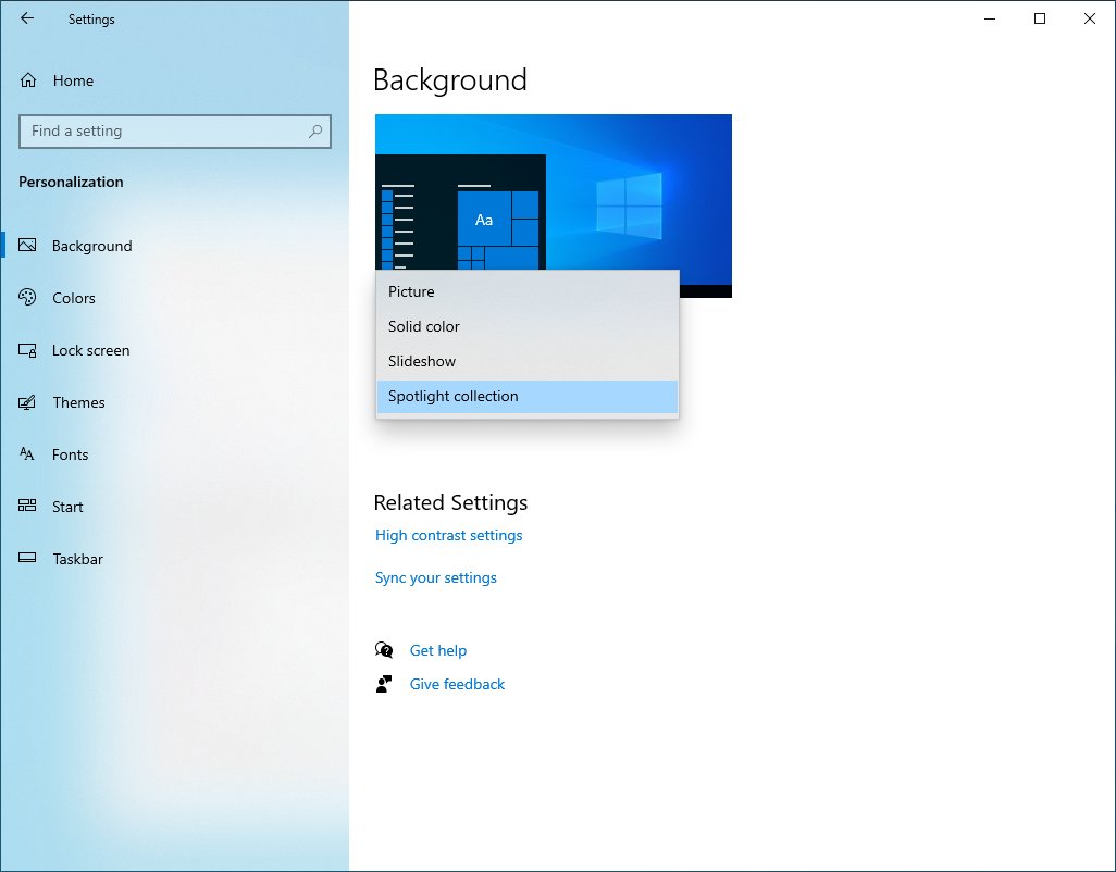 Установите Windows 10 Spotlight в качестве фона рабочего стола