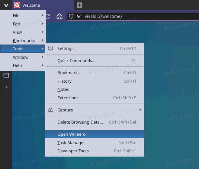 Vivaldi Custom Link In The Tools Menu