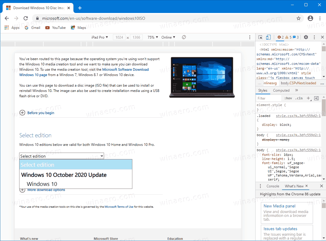 Windows 10 20H2 Загрузить образы ISO напрямую выбрать 20H2