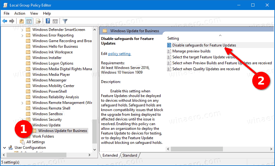 Windows 10 Отключение блоков обновления функций в групповой политике 1