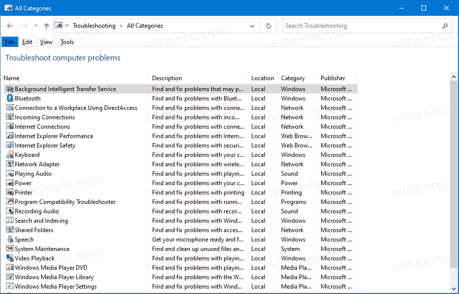 Средства устранения неполадок Windows 10 на панели управления