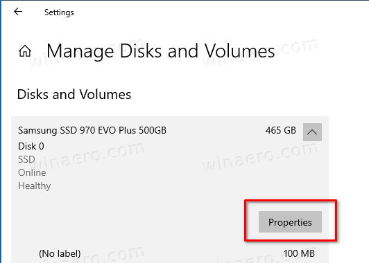 Windows 10 Drive Properties Button In Manage Disks And Volumes